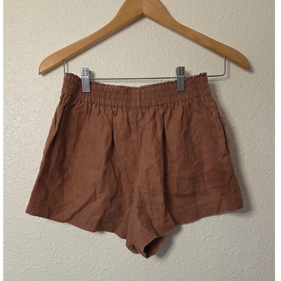 Reformation Brown/Dusty Rose 100% Linen Resort Shorts Elastic Waist Size Small - Picture 2 of 6